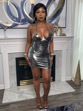 Silver Metallic Ruched Halter Mini Dress | Backless Underwire Bodycon Dress